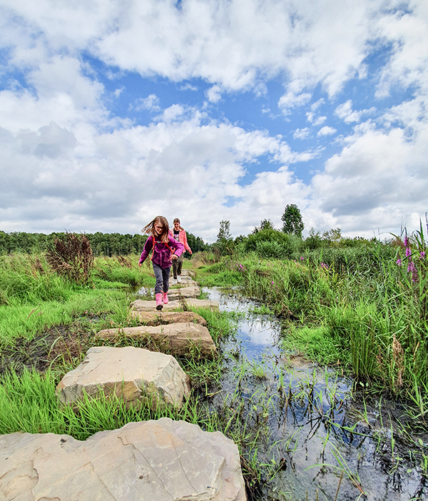 Kinderen spelen op stapstenen bij de oude maasarm