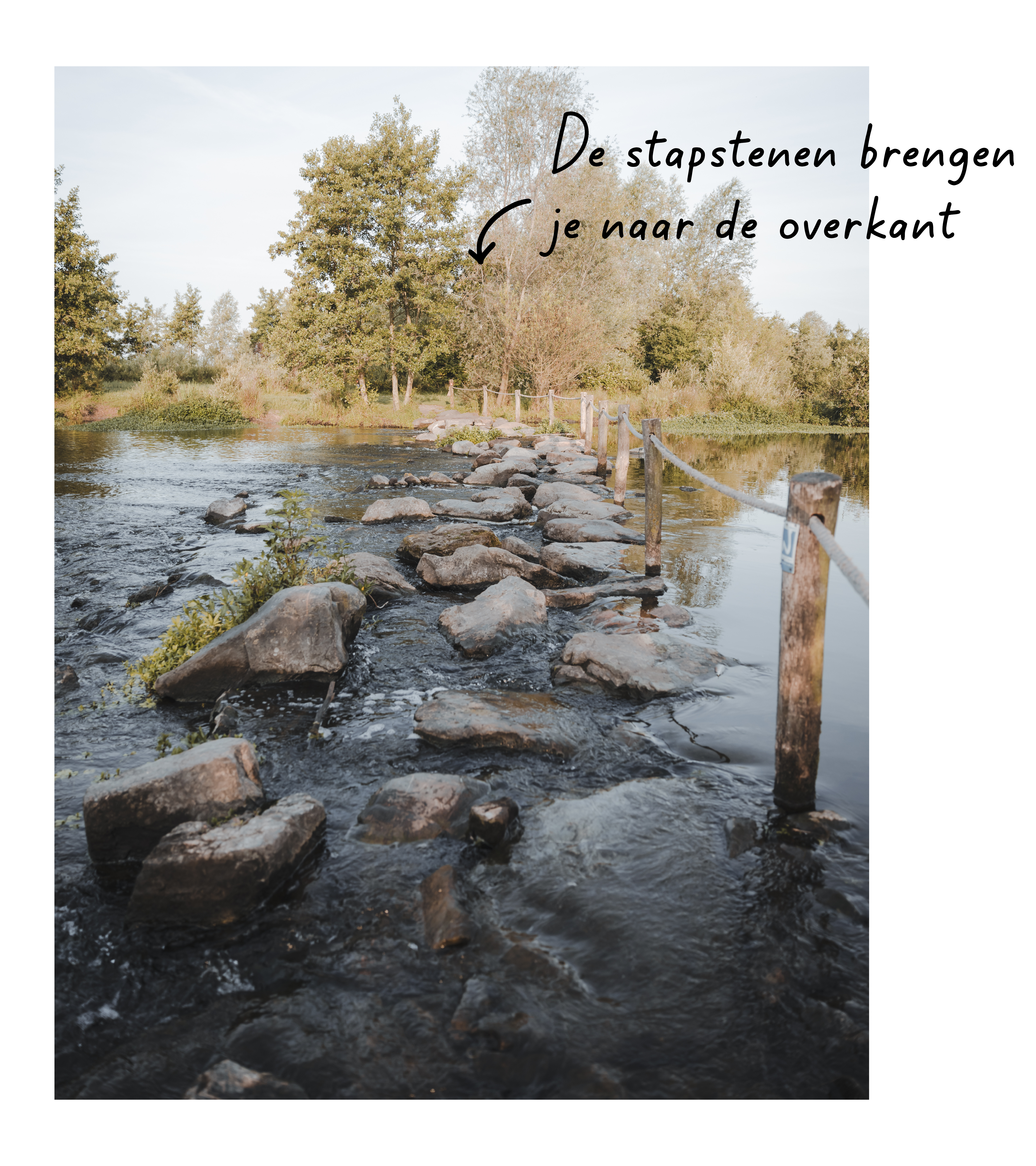 Een pad van stapstenen door ondiep stromend water, met een houten touwleuning aan de rechterkant. De stenen leiden naar een groen bos aan de overkant. In de afbeelding staat de tekst: ‘De stapstenen brengen je naar de overkant’ met een pijl naar het pad.
